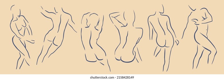 Set of trendy line art woman body. Minimalistic blue lines drawing. Female figure continuous line abstract drawings collection. Modern scandinavian design. Naked body vector illustrations.