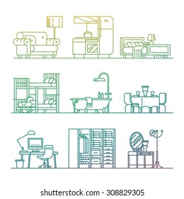 Set of trendy linear icons on various room types, home interior | Thin line contour illustrations on living room, kitchen, bathroom, kids' room, dining, bedroom, workspace and more
