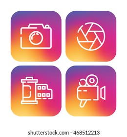 Set of trendy linear icons presented on a modern new gradient background. Vintage camera, photo, film, lens, shutter, painted colors of the rainbow. Blur logo. Icon concept. 