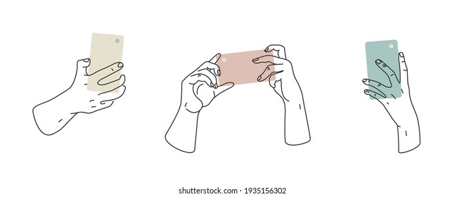 Set of trendy linear style hands holding a photo camera and smartphone. Hand drawn bright vector trendy illustration. Minimalistic lineart