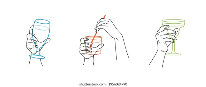 Set of trendy linear style hands holding a glasses with drinks. Hand drawn bright vector trendy illustration. Minimalistic lineart