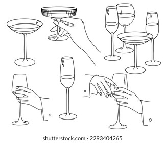 Set of trendy linear style hands holding a glasses with drinks. Hand drawn vector trendy illustration. Minimalistic lineart.