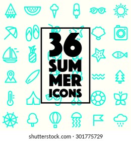 Set of trendy linear style summer holiday icons. Vector illustration.