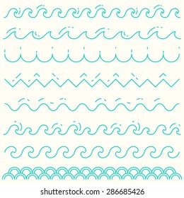 Set Of Trendy Linear Style Waves. Blue Wave Line Pattern, Vector Illustration.