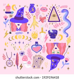 Conjunto de doodles mágicos de moda en colores adorables y juguetones. La brujería, los hechizos de luna, las pociones de amor, los amuletos y otros detalles bonitos serán perfectos para tu proyecto.