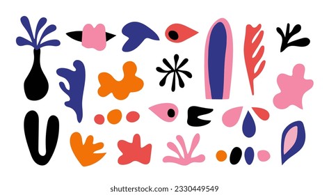 Establezca elementos inspirados en matismos de moda, formas sin forma, formas abstractas para crear un diseño moderno. Colección de elementos decorativos dibujados a mano, paquete matisse para crear un collage elegante, formas orgánicas