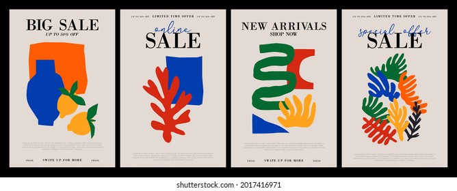 Set of trendy matisse style collage sale banner. Minimalist nature cutout collection for special summer discount. Organic shape promotion poster bundle, freehand vintage art decoration.