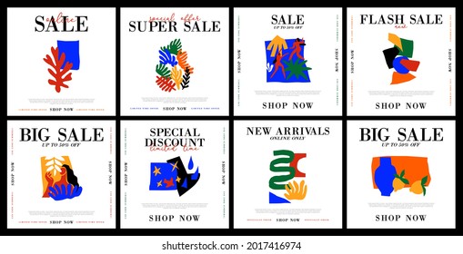 Set of trendy matisse style collage sale banner. Minimalist nature cutout collection for special summer discount. Organic shape promotion poster bundle, freehand vintage art decoration.