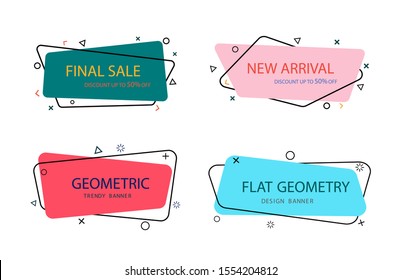 Set of trendy memphis banner in flat style with geometric shapes. Design label with graphic element for discount sale. Trendy background template with text for poster, card, social media. vector eps10