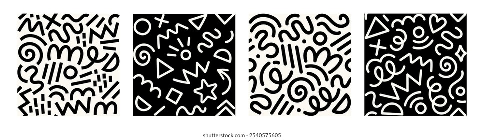 Set of trendy Memphis geometric patterns. Modern basic shapes: star, arrow, triangle, circle, heart, zigzag, spiral, wavy lines. Cool abstract background, retro 80s, 90s style. Cute kid doodle design.