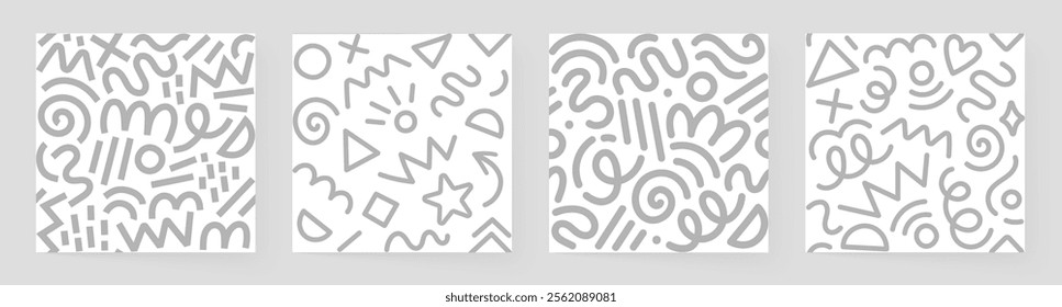 Set of trendy Memphis geometric patterns. Modern basic shapes: star, arrow, triangle, circle, heart, zigzag, spiral, wavy lines. Cool abstract background, retro 80s, 90s style. Cute kid doodle design.