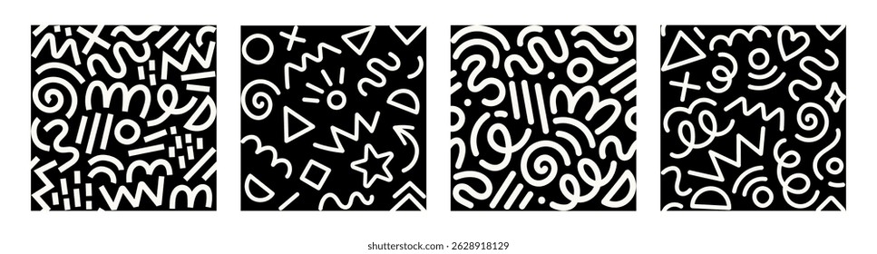 Set of trendy Memphis geometric patterns. Modern basic shapes: star, arrow, triangle, circle, heart, zigzag, spiral, wavy lines. Cool abstract background, retro 80s, 90s style. Cute kid doodle design.