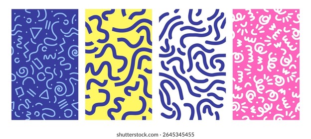 Set of trendy Memphis geometric patterns. Modern basic shapes arrow, triangle, circle, zigzag, spiral, wavy lines. Cool abstract background, retrostyle. Cute kid doodle design