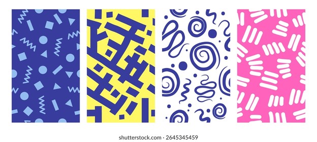 Set of trendy Memphis geometric patterns. Modern basic shapes arrow, triangle, circle, zigzag, spiral, wavy lines. Cool abstract background, retrostyle. Cute kid doodle design