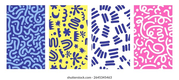 Conjunto de patrones geométricos de moda de Memphis. Formas básicas modernas flecha, triángulo, círculo, zigzag, espiral, líneas onduladas. Fondo abstracto fresco, retrostyle. Lindo diseño de doodle para niños