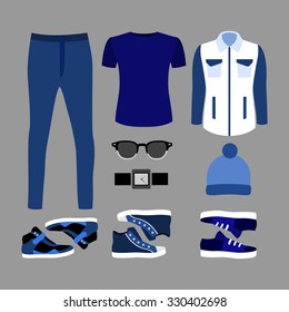 Set of trendy men's blue clothes and accessories. Men's wardrobe. Vector illustration