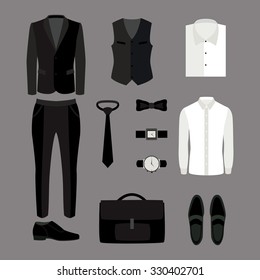 Set of trendy men's clothes and accessories. Men's wardrobe. Vector illustration