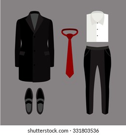 Set of trendy men's clothes and accessories. Men's wardrobe. Vector illustration