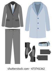 Set of trendy men's clothes and accessories. Men's wardrobe. Vector illustration