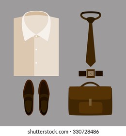 Set of trendy men's clothes with beige shirt and accessories. Men's wardrobe. Vector illustration