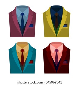 Set of  trendy men's clothes with jacket, vest, shirt, tie and handkerchief. Men's wardrobe. Vector illustration