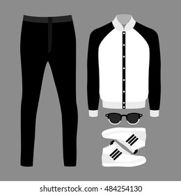 Set of trendy men's clothes with jeans, jacket and accessories. Vector illustration