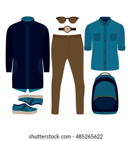 Set of trendy men's clothes with jeans, parka, pullover and accessories. Vector illustration