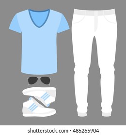 Set of trendy men's clothes with jeans, t-shirt and accessories. Vector illustration