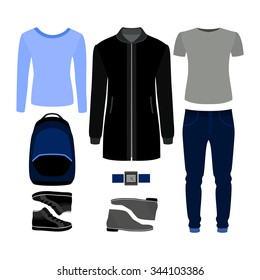 Set of  trendy men's clothes. Outfit of man coat, pants, pullover, t-shirt and accessories. Men's wardrobe. Vector illustration