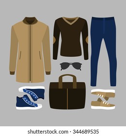 Set of  trendy men's clothes. Outfit of man coat, pants, pullover and accessories. Men's wardrobe. Vector illustration