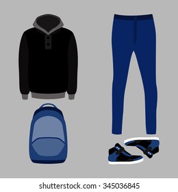Set of  trendy men's clothes. Outfit of man jeans, hoody and accessories. Men's wardrobe. Vector illustration
