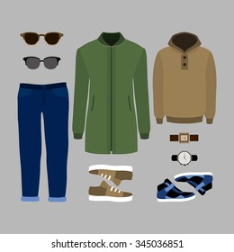 Set of  trendy men's clothes. Outfit of man parka, jeans, hoody and accessories. Men's wardrobe. Vector illustration