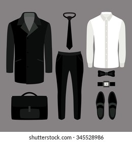 Set of  trendy men's clothes. Outfit of man coat, pants, shirt and accessories. Men's wardrobe. Vector illustration