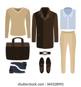 Set of  trendy men's clothes. Outfit of man coat, pants, pullover, shirt and accessories. Men's wardrobe. Vector illustration