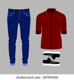 Set of  trendy men's clothes. Outfit of man pants, shirt and sneakers. Men's wardrobe. Vector illustration