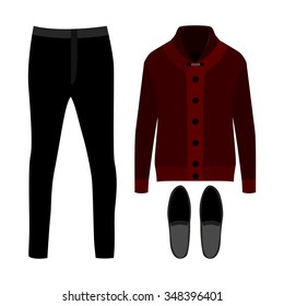 Set of  trendy men's clothes. Outfit of man cardigan, pants and accessories. Men's wardrobe. Vector illustration