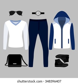 Set of  trendy men's clothes. Outfit of man blazer, pullover, pants and accessories. Men's wardrobe. Vector illustration