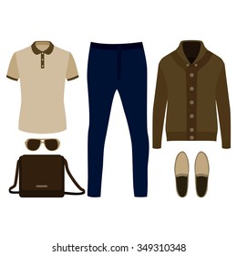 Set Of  Trendy Men's Clothes. Outfit Of Man Cardigan, T-shirt, Pants And Accessories. Men's Wardrobe. Vector Illustration