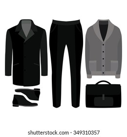 Set Of  Trendy Men's Clothes. Outfit Of Man Coat, Cardigan, Pants And Accessories. Men's Wardrobe. Vector Illustration