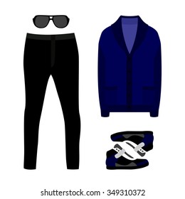 Set of  trendy men's clothes. Outfit of man cardigan, pants and accessories. Men's wardrobe. Vector illustration