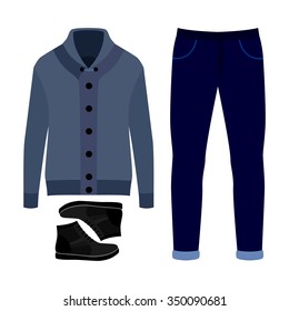 Set Of  Trendy Men's Clothes. Outfit Of Man Cardigan, Pants And Boots. Men's Wardrobe. Vector Illustration