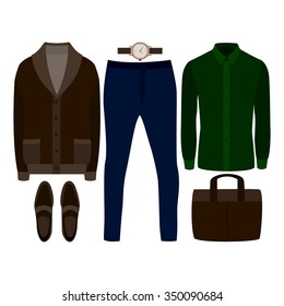 Set of  trendy men's clothes. Outfit of man cardigan, shirt, pants and accessories. Men's wardrobe. Vector illustration