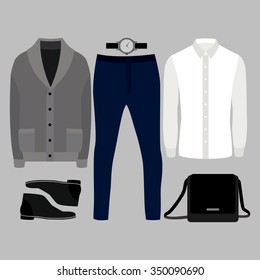 Set Of  Trendy Men's Clothes. Outfit Of Man Cardigan, Shirt, Pants And Accessories. Men's Wardrobe. Vector Illustration