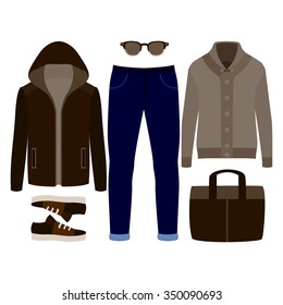 Set Of  Trendy Men's Clothes. Outfit Of Man Blazer, Cardigan, Pants And Accessories. Men's Wardrobe. Vector Illustration