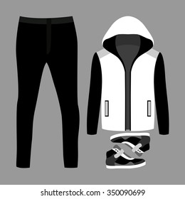 Set of  trendy men's clothes. Outfit of man blazer, pants and sneakers. Men's wardrobe. Vector illustration