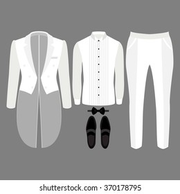 Set of trendy men's clothes. Outfit of man tail-coat, pants, shirt and accessories. Men's wardrobe. Vector illustration