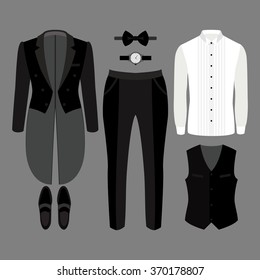 Set of trendy men's clothes. Outfit of man tail-coat, vest, pants, shirt and accessories. Men's wardrobe. Vector illustration