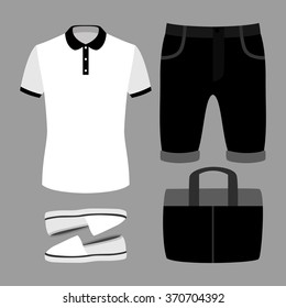 Set of trendy men's clothes. Outfit of man shorts, t-shirt and accessories. Men's wardrobe. Vector illustration