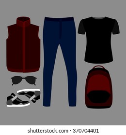 Set of trendy men's clothes. Outfit of man vest, jeans, t-shirt and accessories. Men's wardrobe. Vector illustration