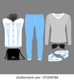 Set of trendy men's clothes. Outfit of man denim vest, jeans, pullover and accessories. Men's wardrobe. Vector illustration